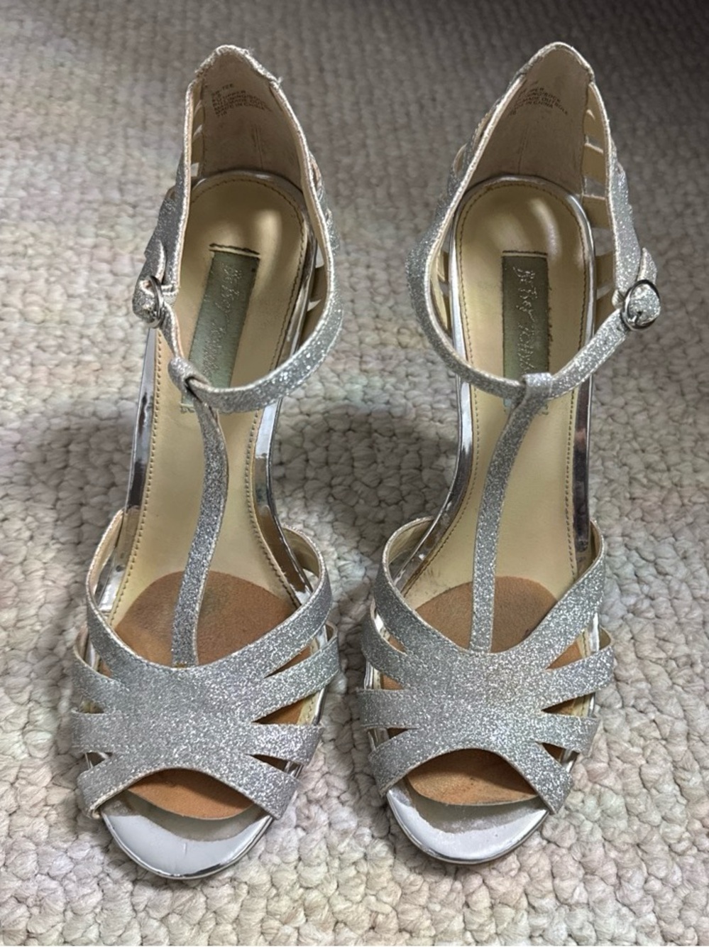 Betsey Johnson "SB-TEE" Silver Glitter T-Strap Heels 
Size 7.5